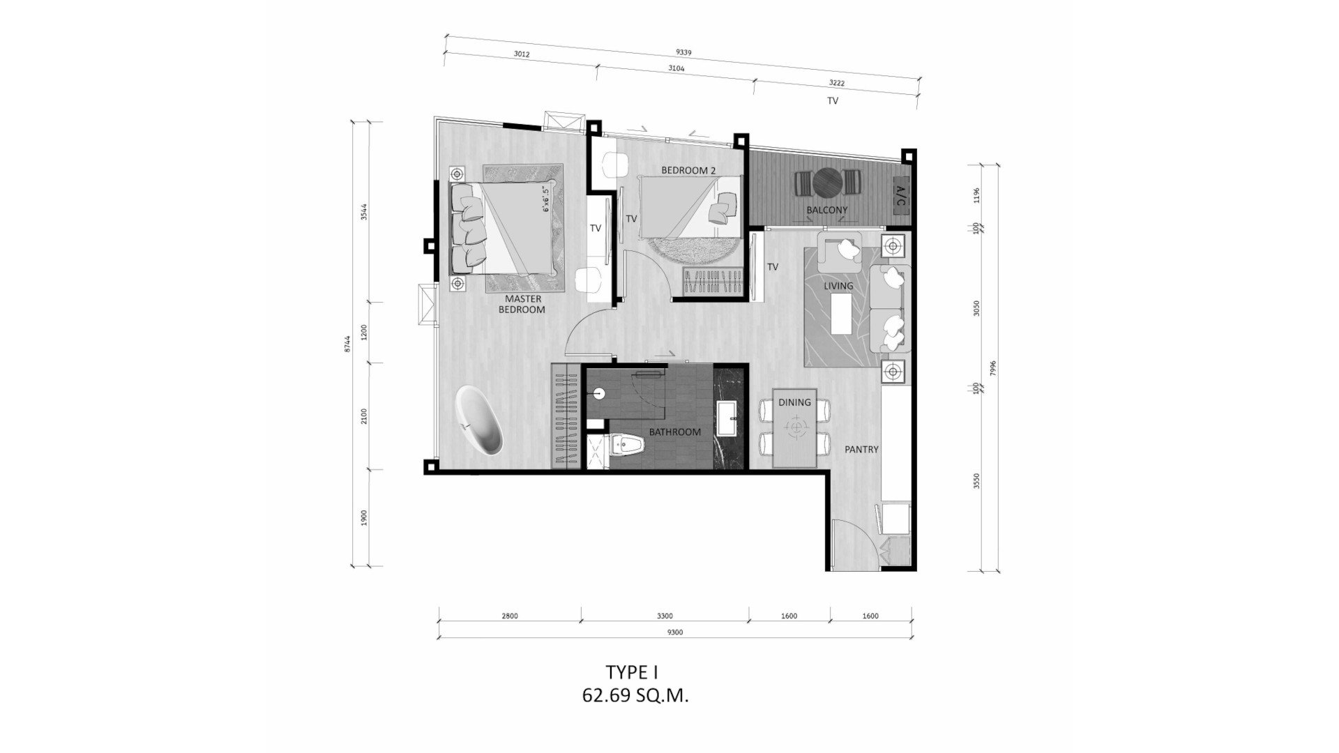 Condominium floor plan, 1 bedroom in The Sea Heaven No. 10989